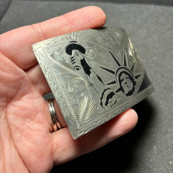 Vintage Alpaca Engraved Statue Of Liberty Silver Tone And Enamel Belt Buckle - Picture 2 of 11